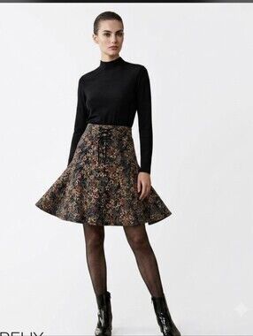 Edme & Esyllte Floral Cotton Blend Skirt Lace-Up Waist Lined Boho Size 10
